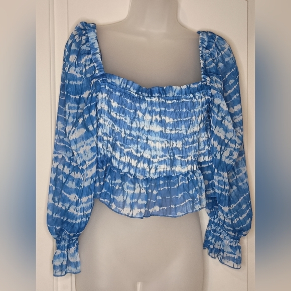 ZARA holiday party Coastal Feminine Boho Blue Tie Dye ruched Cropped Blouse M - Picture 8 of 10